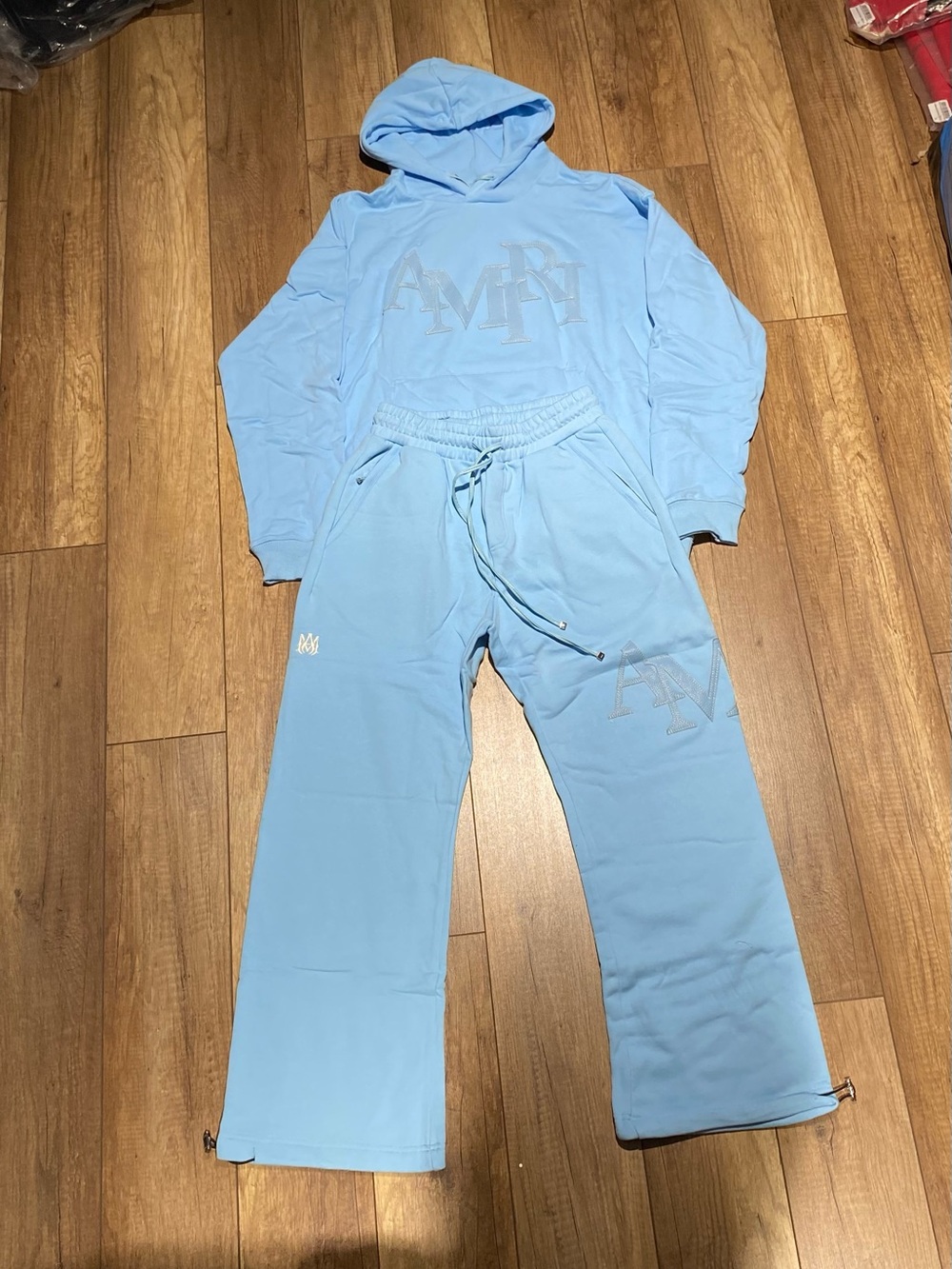 Amiri Mens Sky Light Blue Hoodie and Sweatpants Sweatsuit Set Size Large